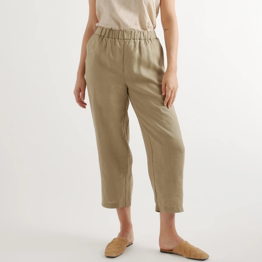 Quince women’s olive green 100% European linen wide leg cropped pull -on pants L